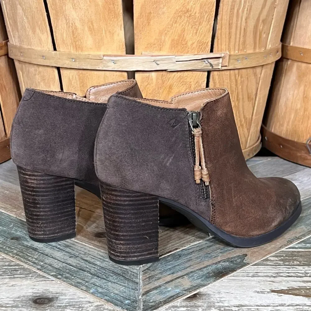 Sperry Dasher Lille Brown Leather Suede Block Heel Zip Ankle Boots Womens Size 8